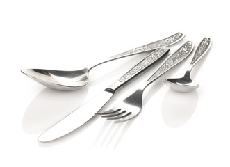 Silverware or flatware set of fork, spoons and knife