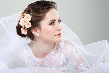 Portrait of beautiful bride. Wedding dress. Wedding decoration