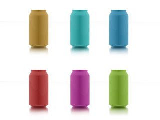 Six colored cans isolated on white