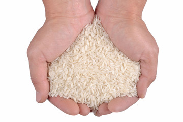 Uncooked white rice in the hands on a white