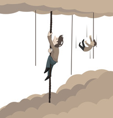 concept of man climbing rope to sky