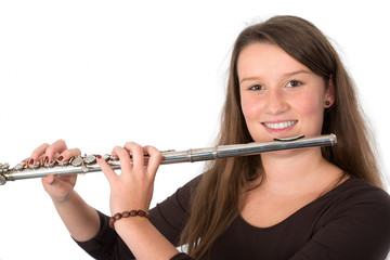 smiling young woman with transverse flute