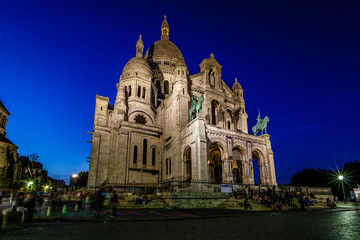 Sacre Coeur Cathedral on Montmartre Hill at Dusk, Paris, France
