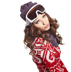 Woman with ski goggles isolated on white
