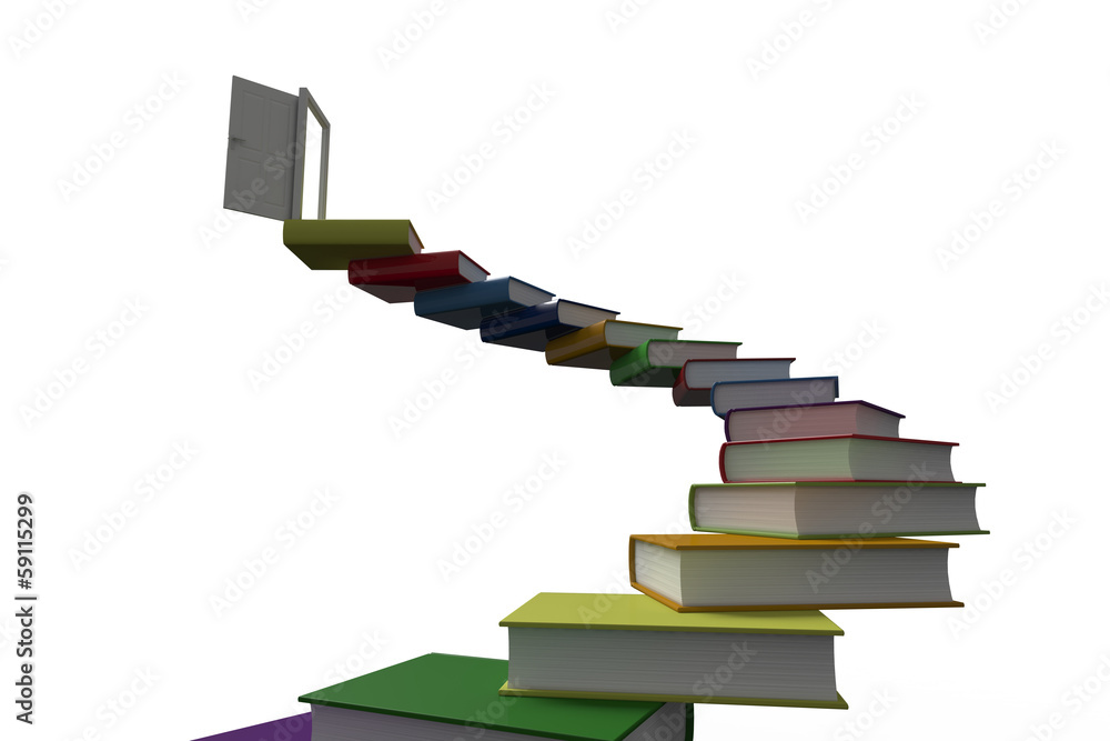 Aufkleber steps made out of books with open door