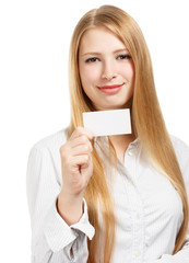 Business woman with card on white background