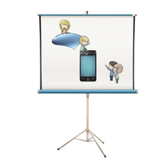 Kids around phone projected on white screen.