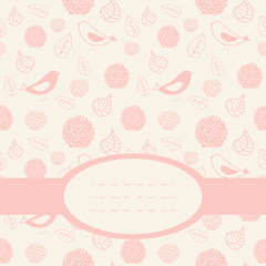 Cute pink card with birds, leaves and flowers