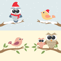 Set of owls and birds sitting on branch