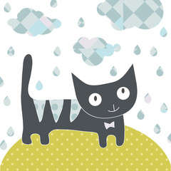 cute baby kitten autumn greeting card with water drop