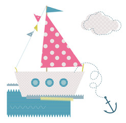 Vector baby textile stickers with cute ship and flags