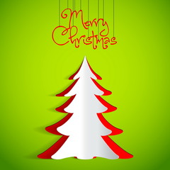 Merry Christmas paper tree design greeting card - vector illustr