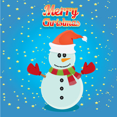 Vector cartoon snowman. merry christmas card background