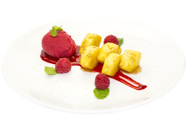 grilled pineapple with caramel sauce and sorbet