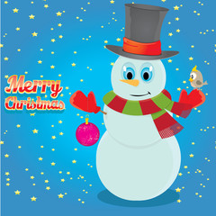 Vector cartoon snowman. merry christmas card background