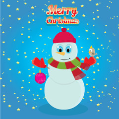 Vector cartoon snowman. merry christmas card background