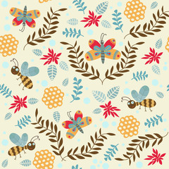 seamless pattern with cute insects and flowers