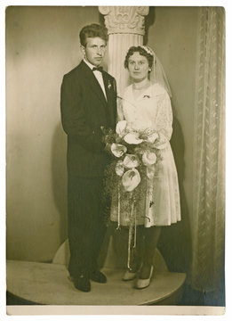 wedding day, bride and groom - circa 1955