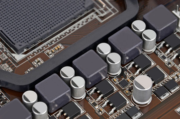 Printed computer motherboard with microcircuit, close-up
