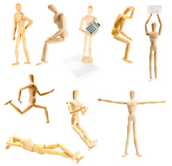 Collage of wooden mannequin in different positions
