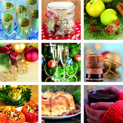 Christmas collage with tasty food, drinks and  decorations