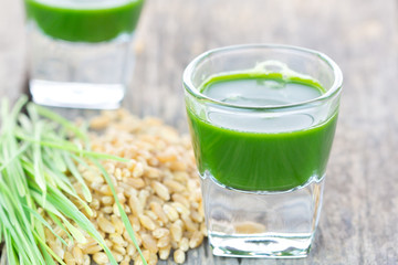 Wheat grass juice on white background