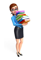 office girl with books pile