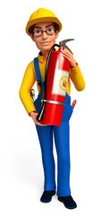 Service man with fire extinguisher