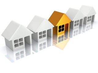 Row of houses with reflection. 3d render.