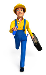 Plumber running which his wrench & tool box