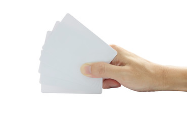 Hand hold five blank cards on white background.