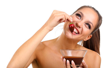 Portrait of beautiful young girl with strawberry in chocolate