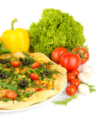 Tasty vegetarian pizza and vegetables, isolated on white