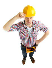Portrait of young builder isolated on white