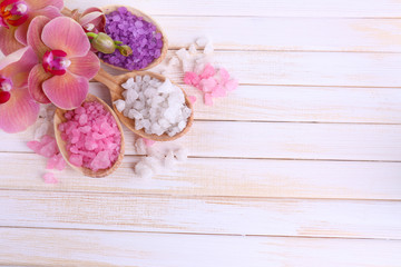 Still life with beautiful blooming orchid flower  and wooden