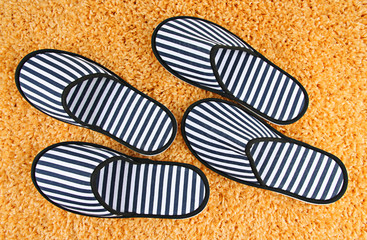 Striped slippers on carpet background