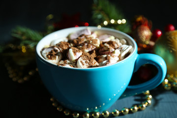 Hot chocolate with cream in color mug,