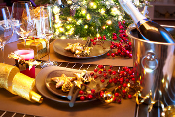 Christmas And New Year Holiday Table Setting with Champagne