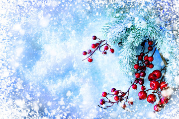 Christmas Tree and Decorations over Snow background