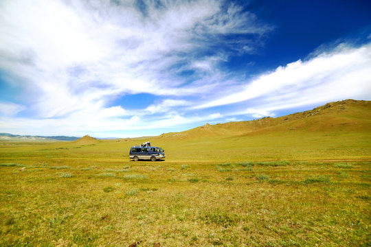 Car going beautiful mongolian offroad