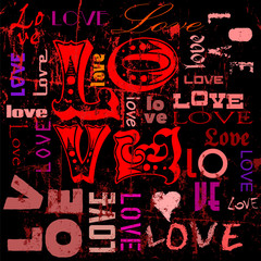 love illustration, hearts and words, grungy style, vector