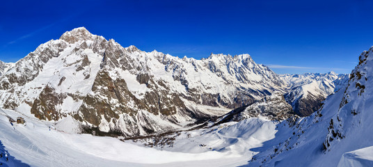 Panorama of Mont Blanc de Courmayeur, Val Veny, and Youla slope