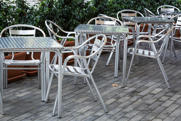 tables and chairs in a cafe