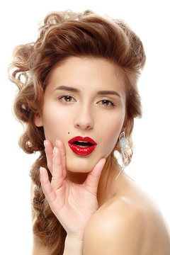 beautiful woman with bright red lipstick