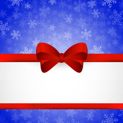 Winter vector gift card with red ribbon, place for text and snow