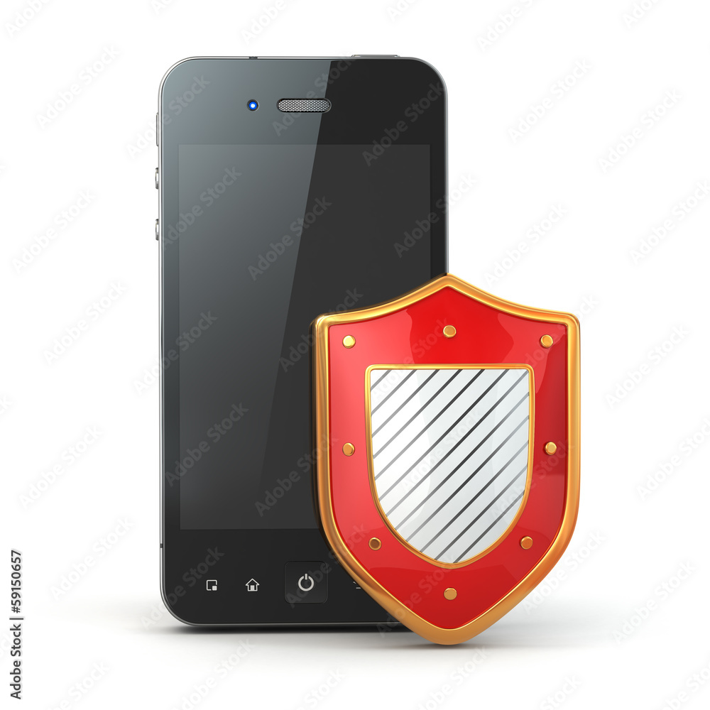Poster mobile phone security concept. cellphone and shield.
