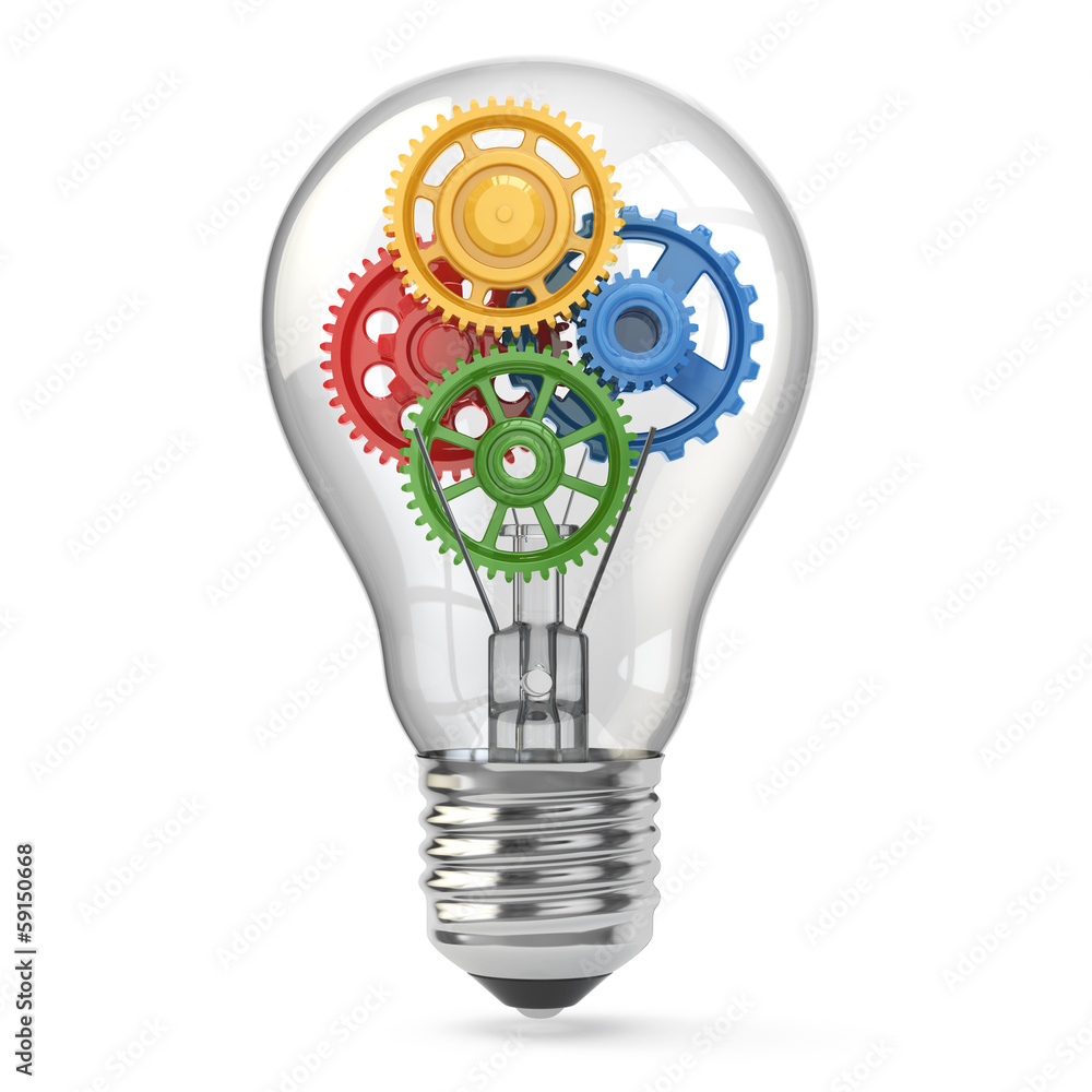 Aufkleber light bulb and gears. perpetuum mobile idea concept.