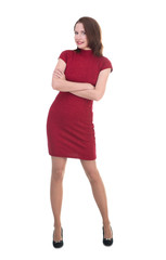 Woman in a little red dress on white background