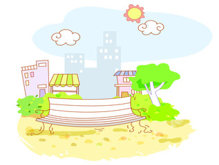 wooden chairs and city background