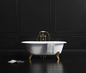 Isolated classic bathtub on black wood floor